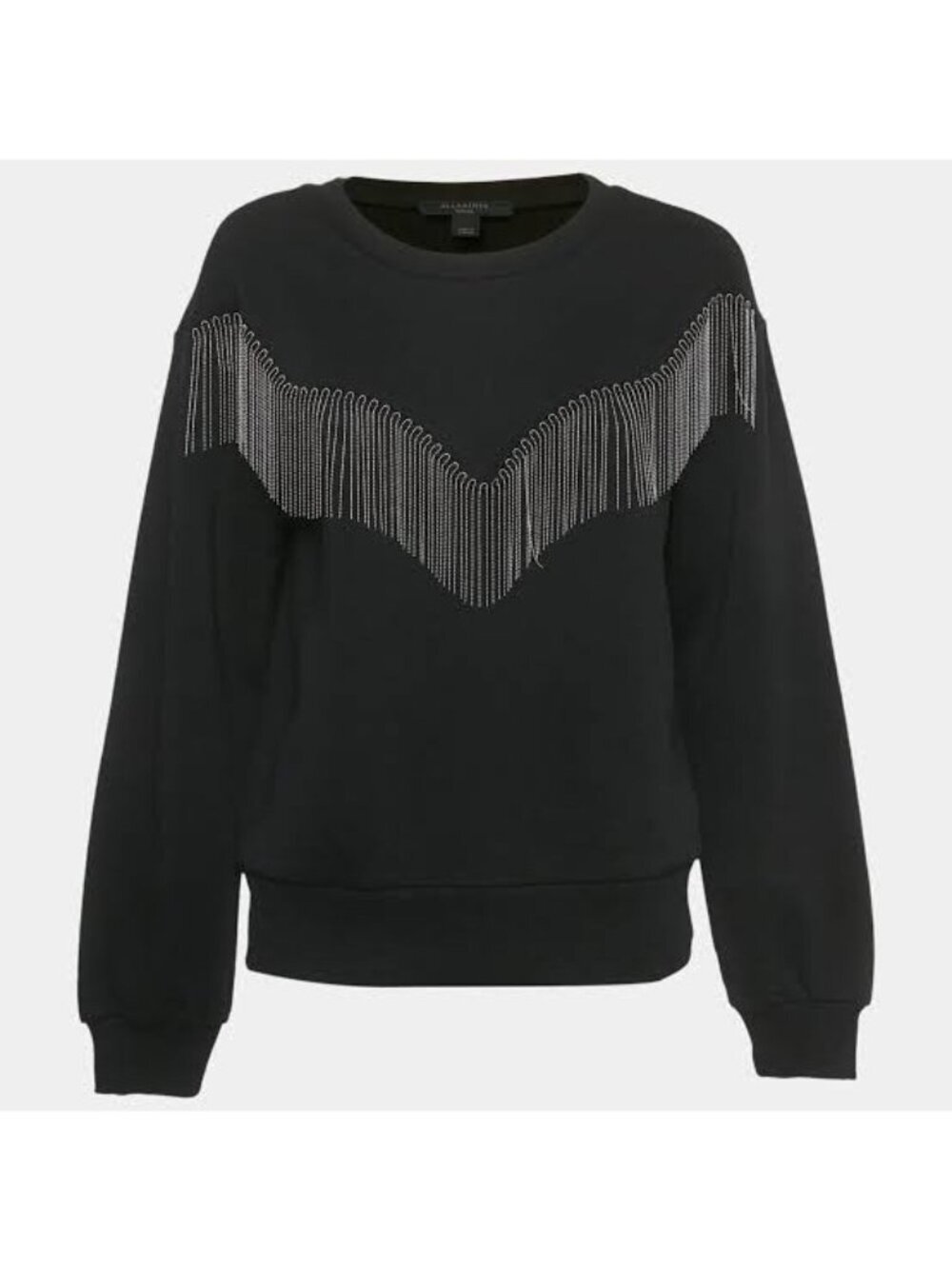 All Saints Black Zaniah Tassel Trim Sweatshirt with Silver Accents Size: Large